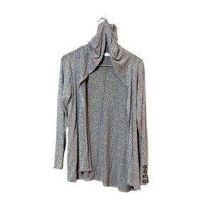 Grey Lightweight Hooded Open Front Cardigan With Button Accents By Retrology L